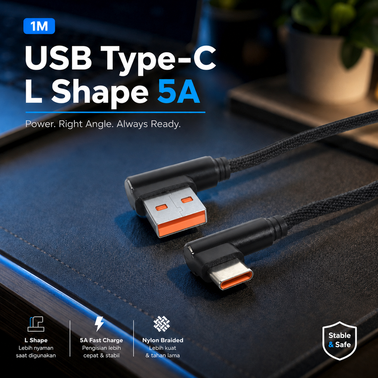 OLAF Kabel Data USB Type C Multifungsi Fast charging L Shape 5A 1M - OL01 Gambar produk OLAF Kabel Data USB Type C Multifungsi Fast charging L Shape 5A 1M - OL01 - Utama