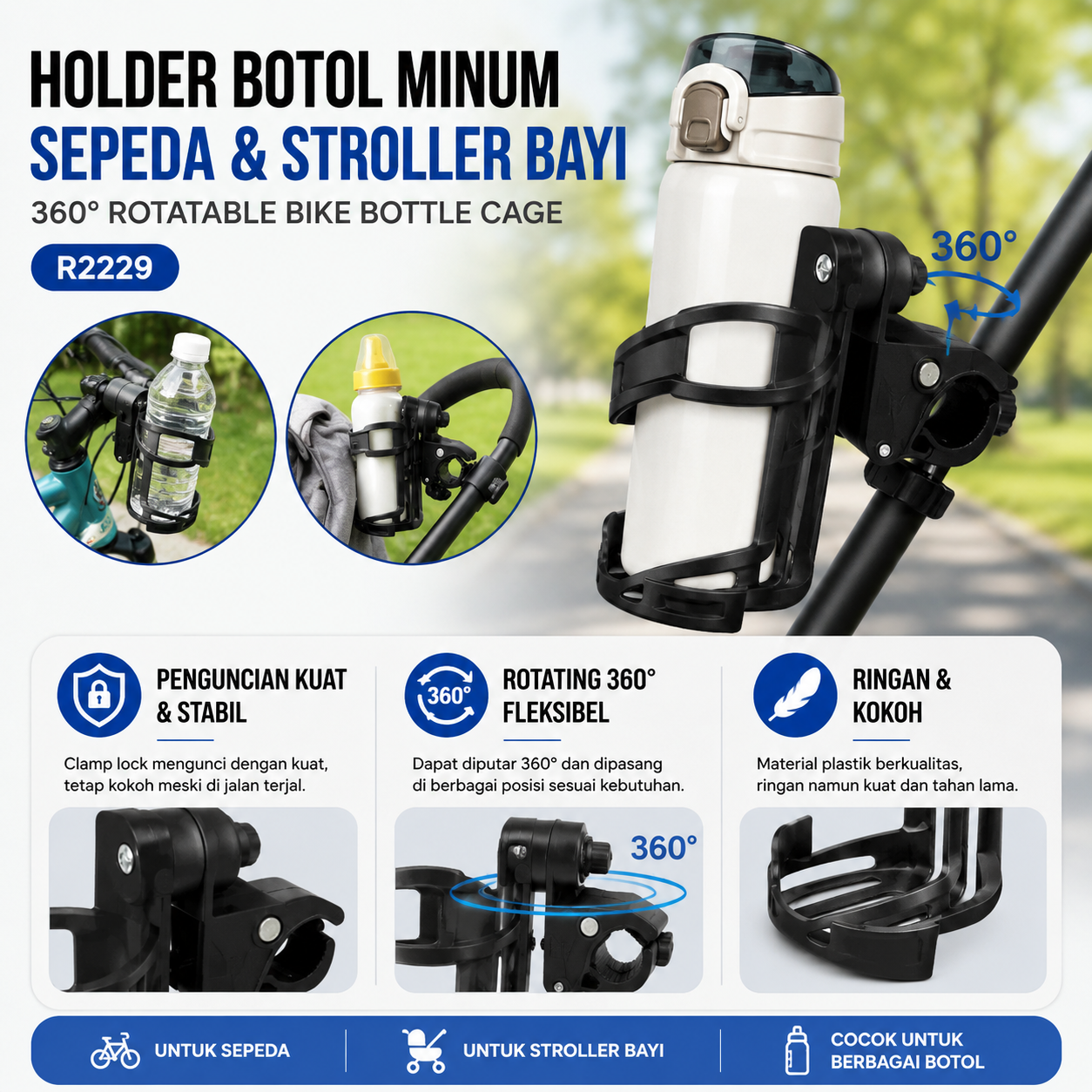 Holder Botol Minum Sepeda Stroller Bayi Rotatable Bike Bottle Cage - R2229 Gambar produk Holder Botol Minum Sepeda Stroller Bayi Rotatable Bike Bottle Cage - R2229 - Utama
