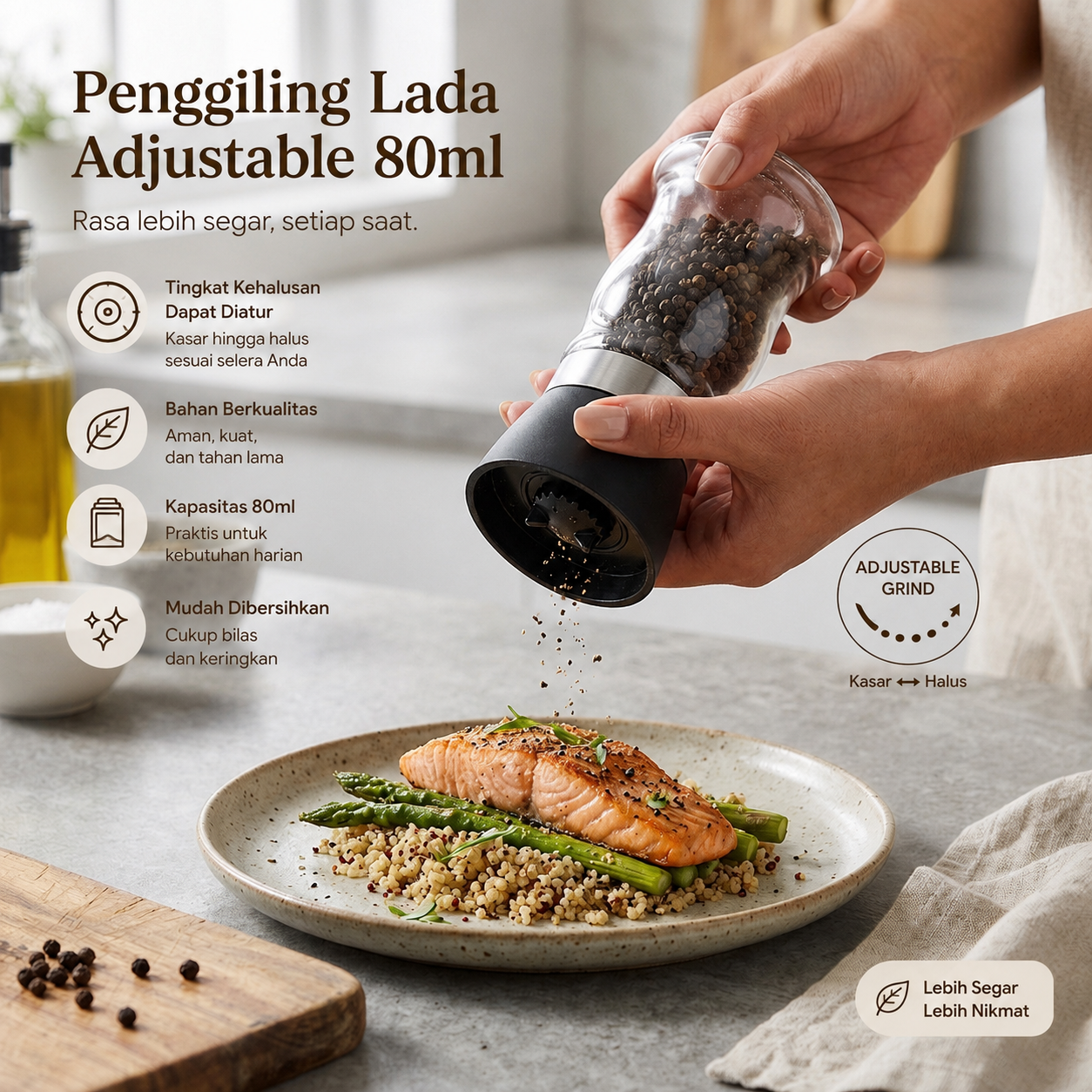 Leeseph Penggiling Lada Adjustable Salt Pepper Mill Grinder 80ml - M1599 Gambar produk Leeseph Penggiling Lada Adjustable Salt Pepper Mill Grinder 80ml - M1599 - Utama