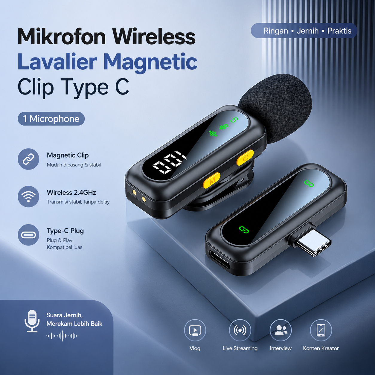 Gambar produk GEVBAY Mikrofon Wireless Lavalier Microphone Magnetic Clip Type C 1 Microphone - J21 - Utama