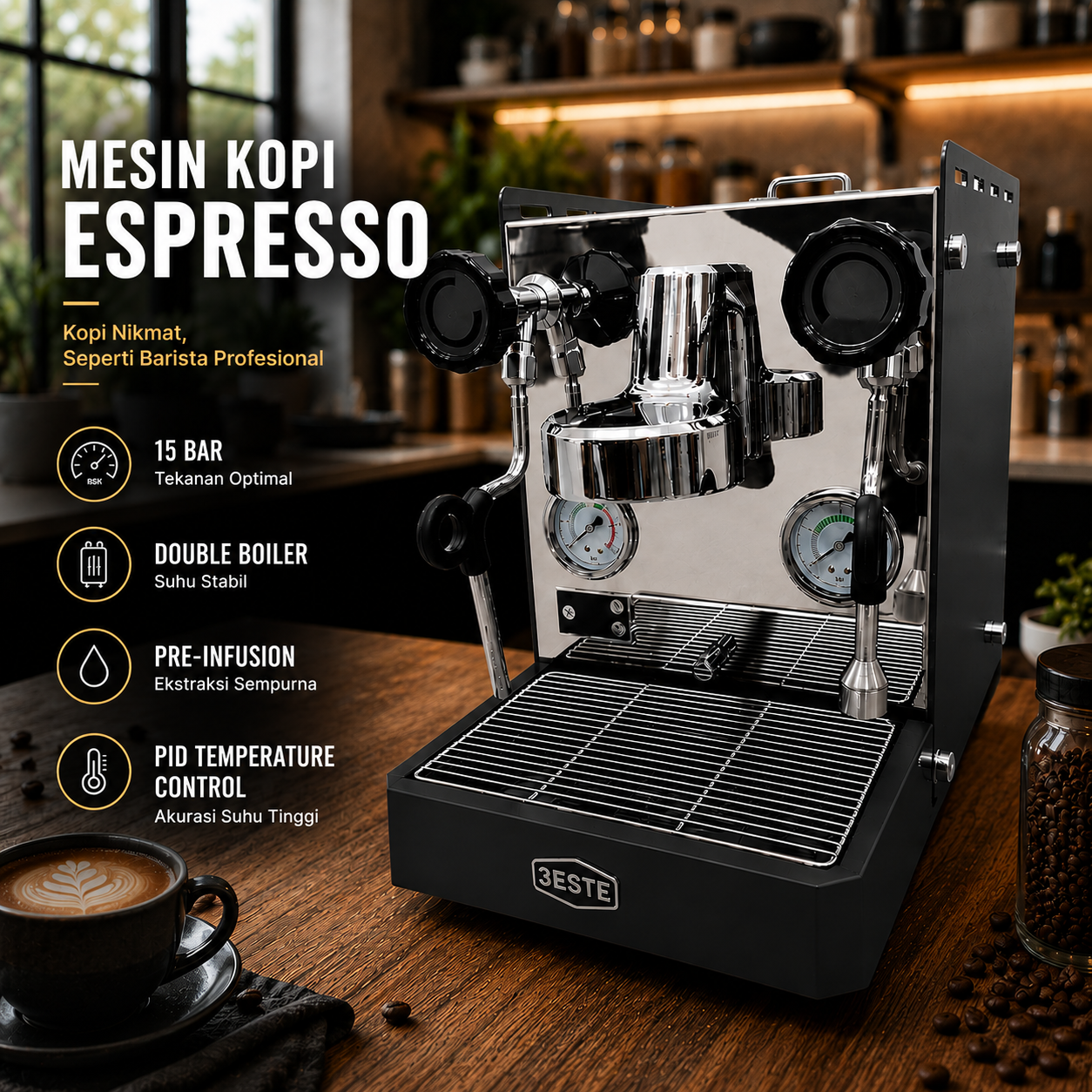 Trieste Mesin Kopi Espresso Coffee Maker Semi Automatic 15 Bar 1630W - M180 Gambar produk Trieste Mesin Kopi Espresso Coffee Maker Semi Automatic 15 Bar 1630W - M180 - Utama