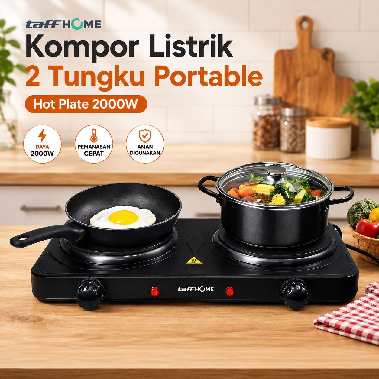 TaffHOME Kompor Listrik 2 Tungku Portable Hot Plate 2000W - H2-2000-04 Gambar produk TaffHOME Kompor Listrik 2 Tungku Portable Hot Plate 2000W - H2-2000-04 - Utama
