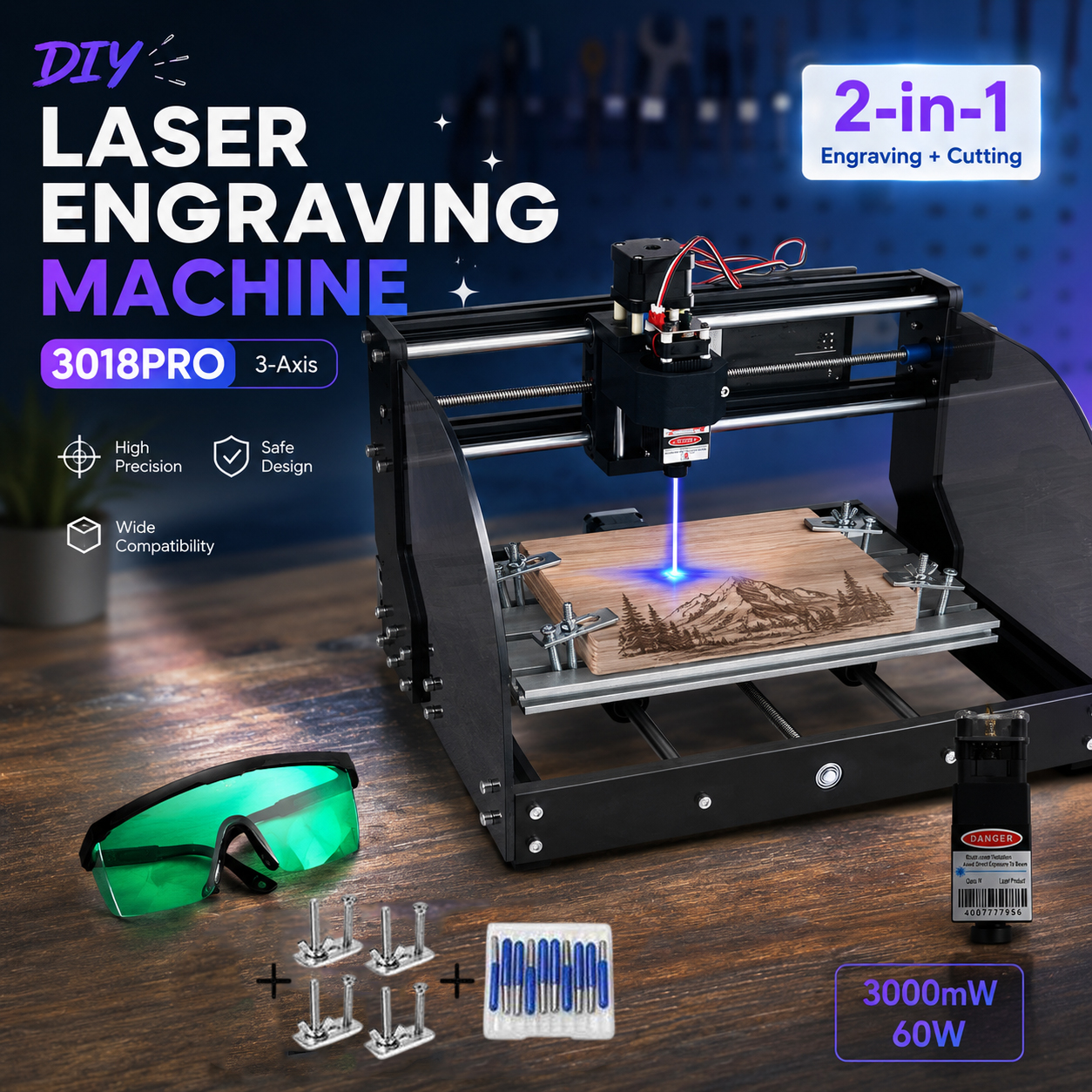 Taffware DIY Laser Engraving Machine CNC 3-Axis 3000mW 60W - 3018PRO Gambar produk Taffware DIY Laser Engraving Machine CNC 3-Axis 3000mW 60W - 3018PRO - Utama