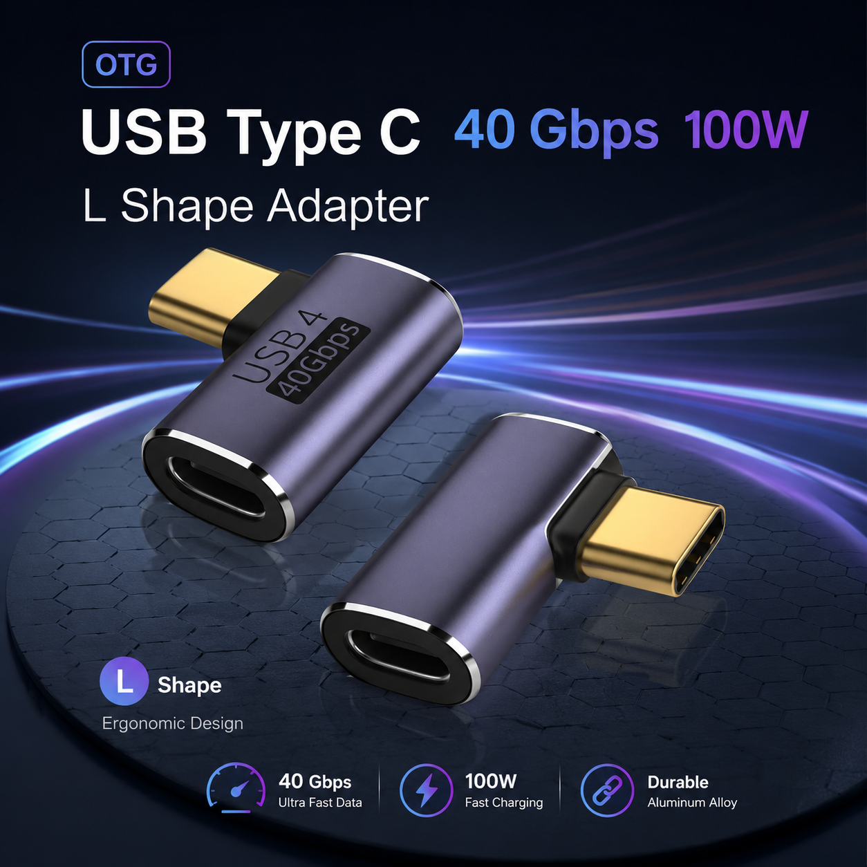 Gambar produk AOLLON OTG USB Type C 4.0 Female to Male 40 Gbps L Shape - BK-42 - Utama