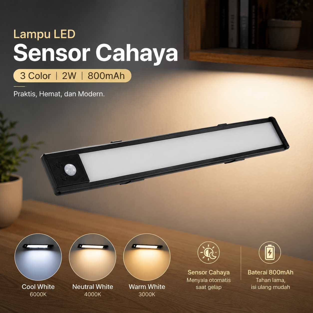 GESH Lampu Tempel Sensor Cahaya Light LED 3 Color Rechargeable 2W - G-311 Gambar produk GESH Lampu Tempel Sensor Cahaya Light LED 3 Color Rechargeable 2W - G-311 - Utama