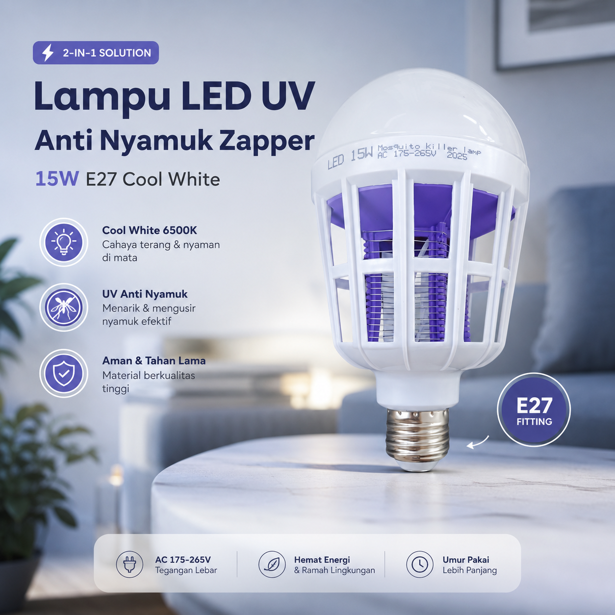 Lampu LED UV Anti Nyamuk Mosquito Bug Zapper Bulb 15W E27 Cool White - YC1350 Gambar produk Lampu LED UV Anti Nyamuk Mosquito Bug Zapper Bulb 15W E27 Cool White - YC1350 - Utama