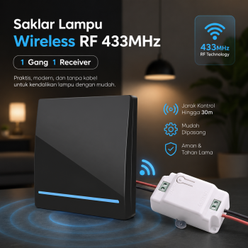 Gambar produk TaffHOME Saklar Lampu Wireless Dinding Tembok Lamp Switch RF 433MHz 1 Gang 1 Receiver - WHK01