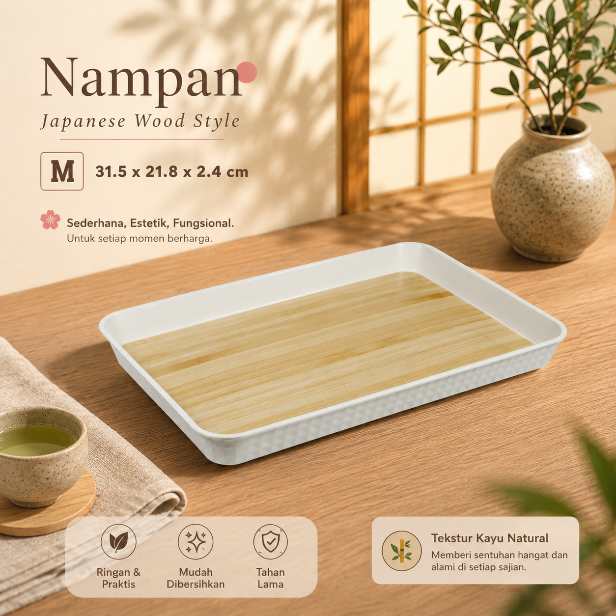 TaffHOME Tea Tray Japanese Wood Style Nampan Plastik Tatakan Gelas Teh M 31.5x21.8x2.4cm - BD027 Gambar produk TaffHOME Tea Tray Japanese Wood Style Nampan Plastik Tatakan Gelas Teh M 31.5x21.8x2.4cm - BD027 - Utama