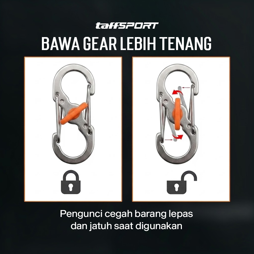 TaffSPORT Carabiner Metal Double Hook Spring Lock Gantungan Kunci 50kg - AT17 Gambar produk TaffSPORT Carabiner Metal Double Hook Spring Lock Gantungan Kunci 50kg - AT17 - 3