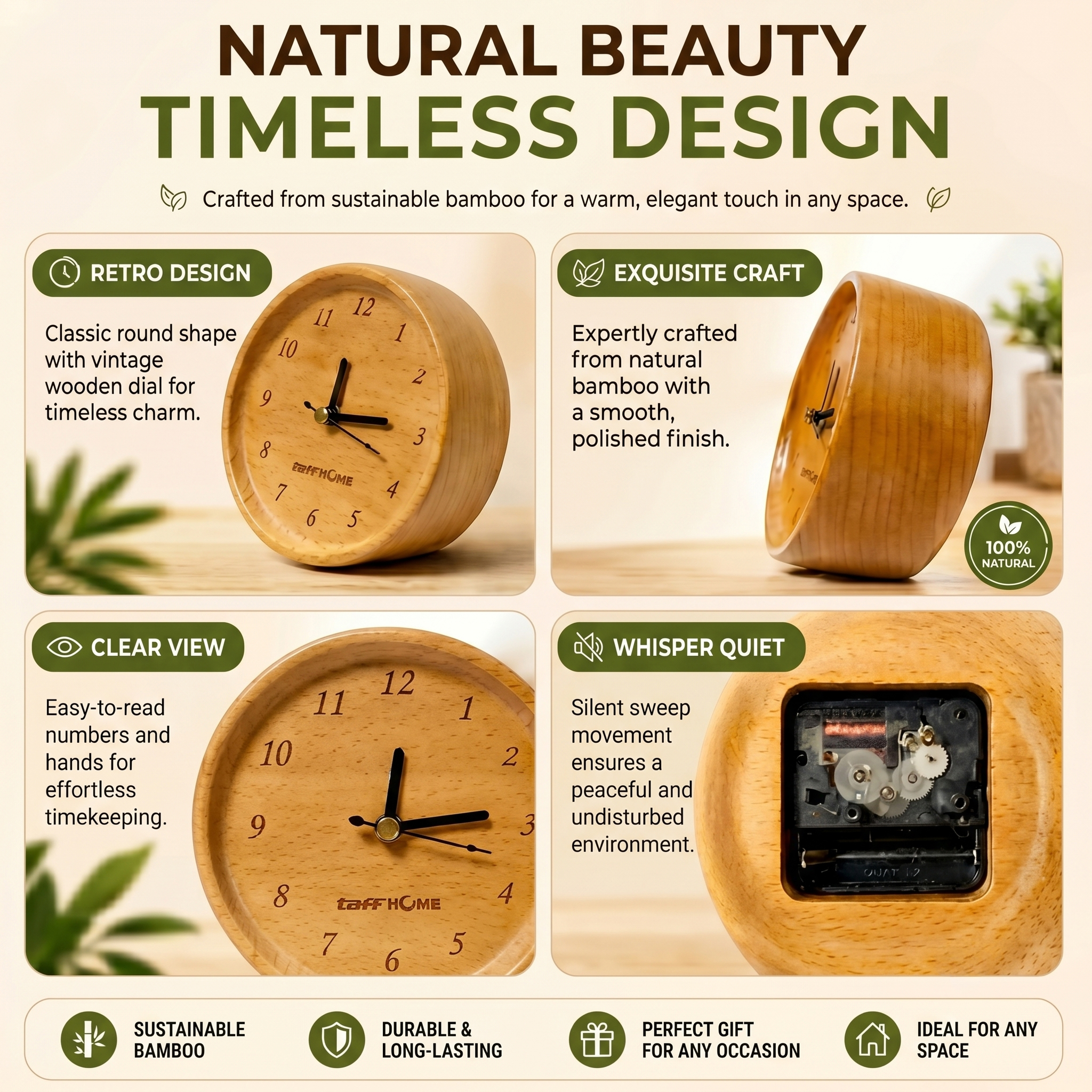 TaffHOME Jam Meja Kayu Bulat Alarm Analog Desk Clock Round Shape - TX605 Gambar produk TaffHOME Jam Meja Kayu Bulat Alarm Analog Desk Clock Round Shape - TX605 - 3