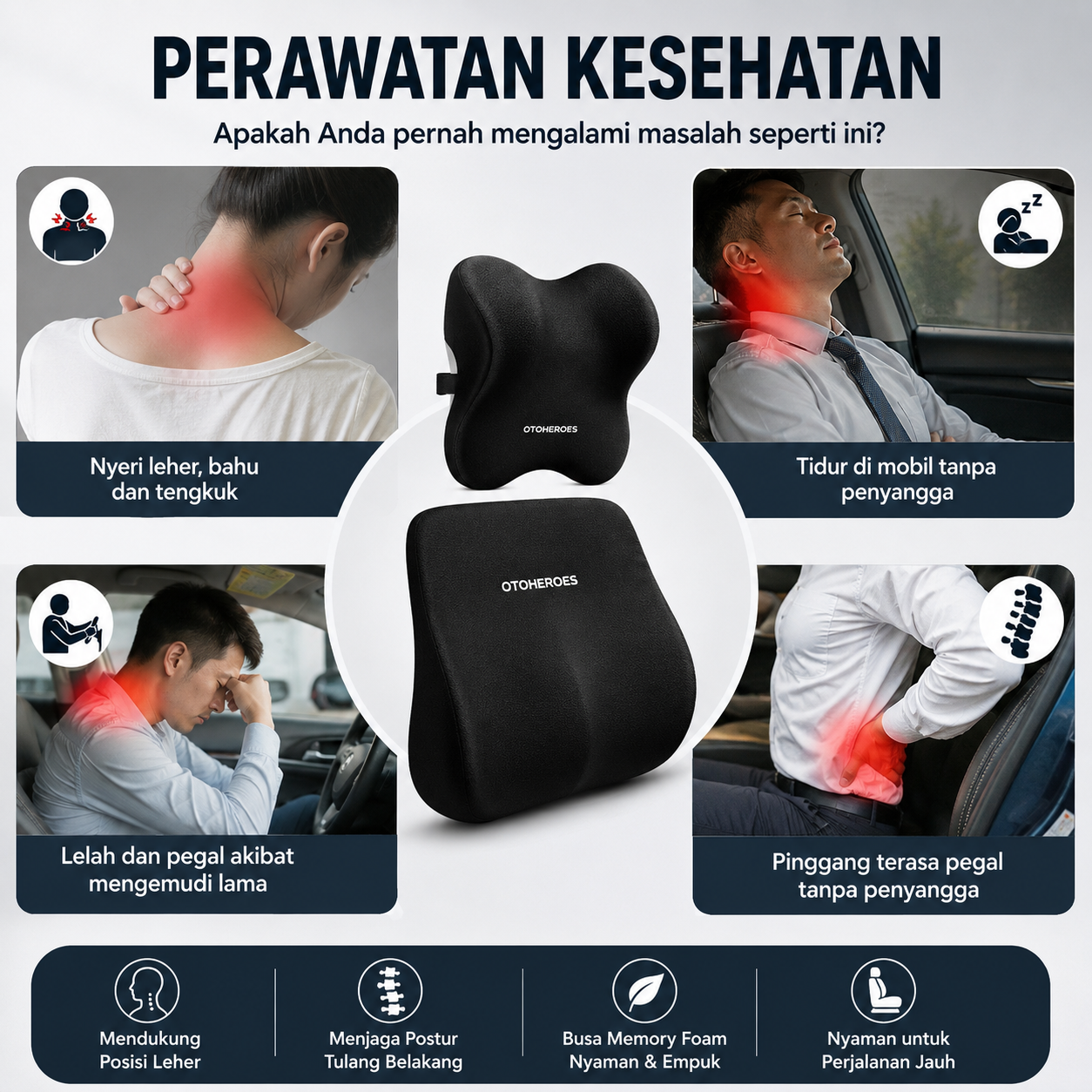 OTOHEROES Set Bantal Mobil Leher Punggung Lumbar Support Seat Cushion - NR-2 Gambar produk OTOHEROES Set Bantal Mobil Leher Punggung Lumbar Support Seat Cushion - NR-2 - 5
