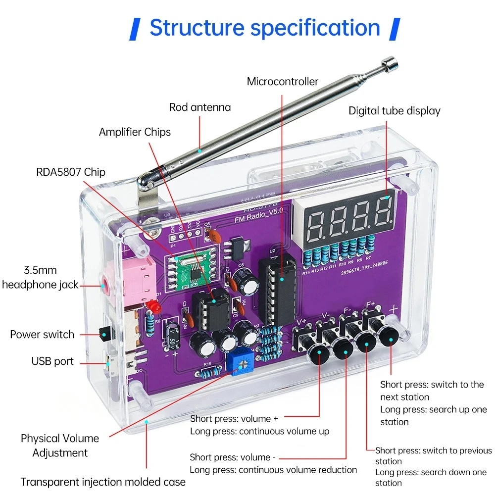 DIYLEARN Radio FM DIY Portable RDA5807 Module Frequency 87-108MHz - HU-017B Gambar produk DIYLEARN Radio FM DIY Portable RDA5807 Module Frequency 87-108MHz - HU-017B - 4