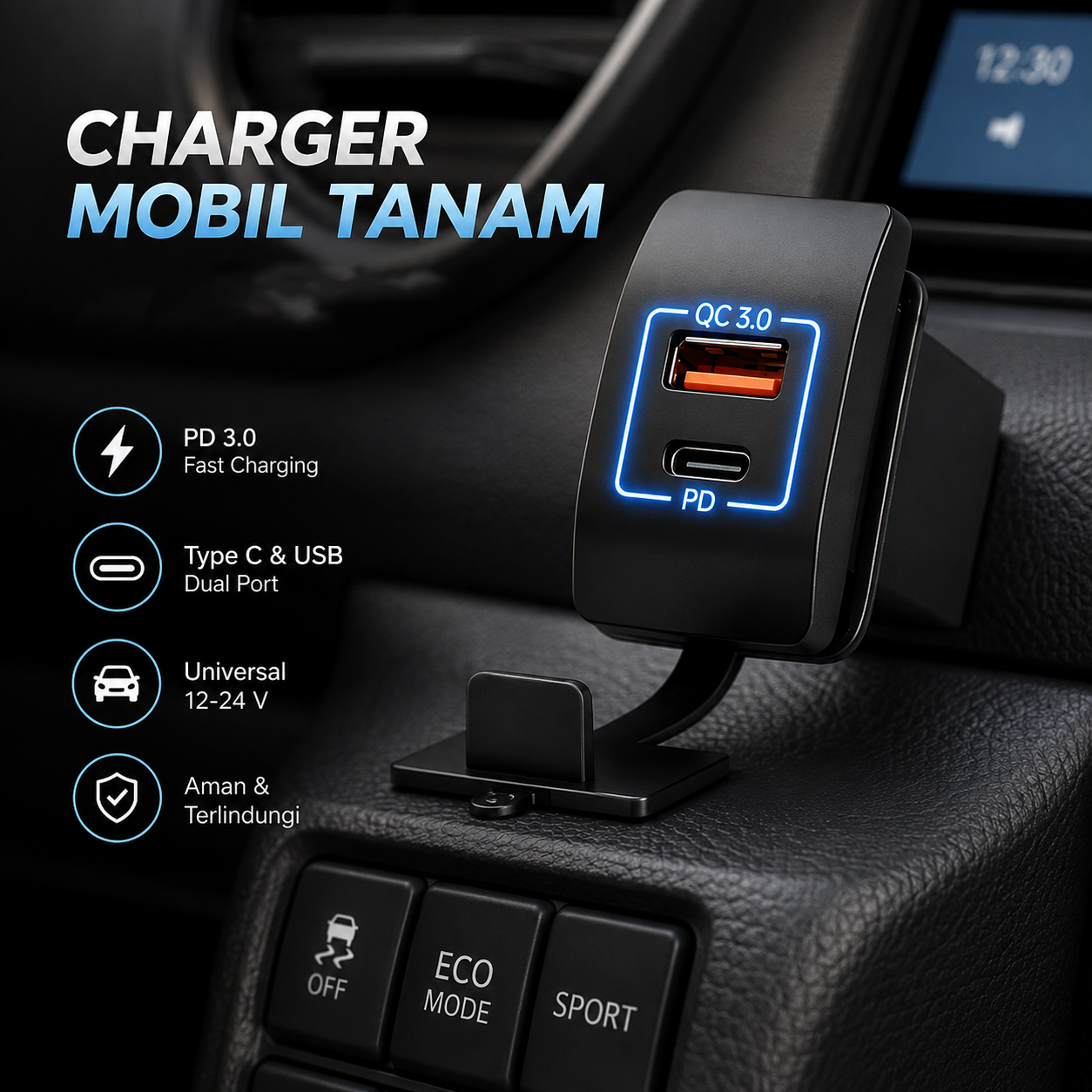 Gambar produk Awdy Car Charger Mobil Tanam USB Type C Fast Charging PD QC 3.0 - A20 - Utama