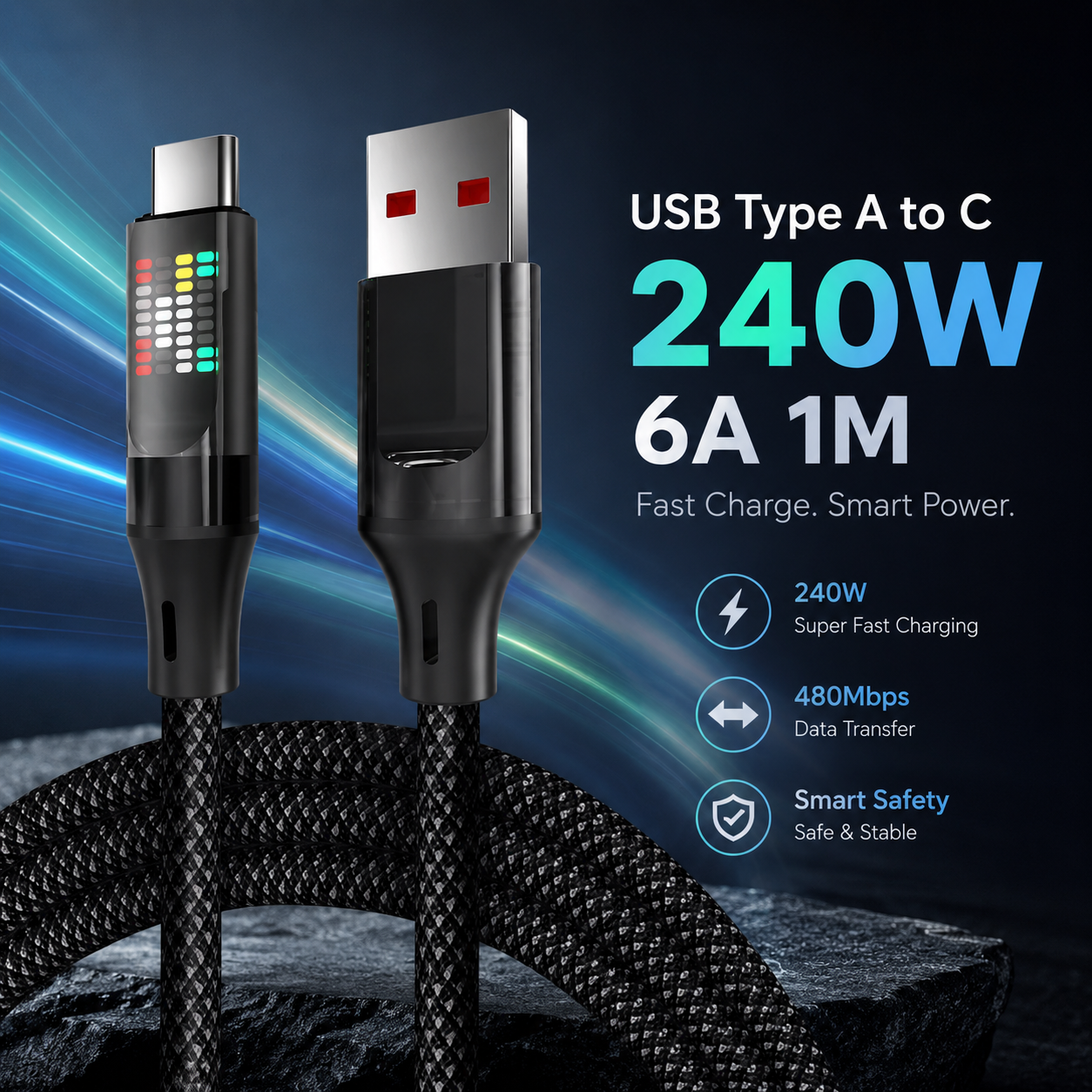 XCC Kabel Charger USB Type C Braided Nylon Fast Charge RGB 240W 6A 1M USB Type A to C - X-1M Gambar produk XCC Kabel Charger USB Type C Braided Nylon Fast Charge RGB 240W 6A 1M USB Type A to C - X-1M - Utama