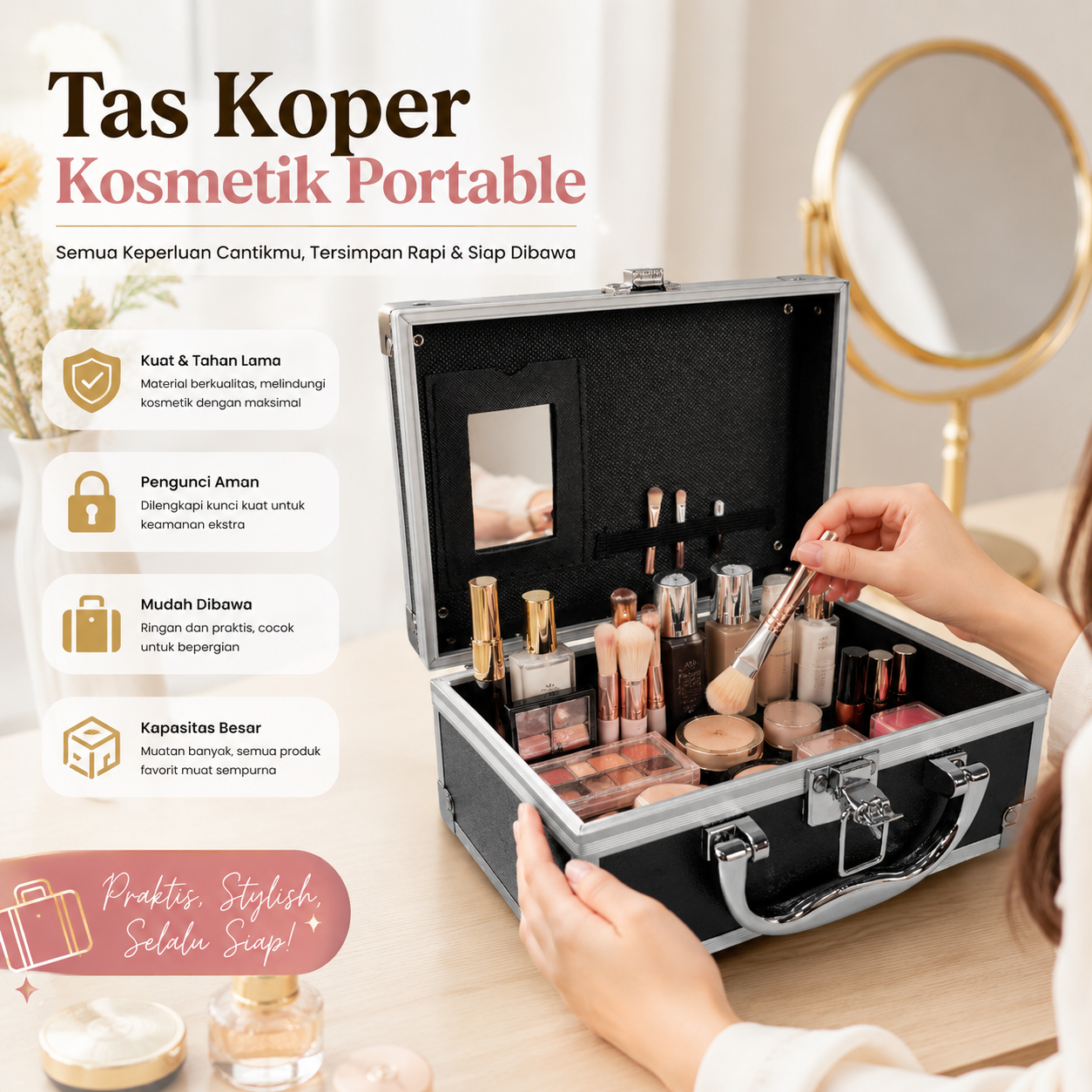 NiceLond Tas Koper Kosmetik Portable Make Up Travel dengan Cermin Kecil - H500 Gambar produk NiceLond Tas Koper Kosmetik Portable Make Up Travel dengan Cermin Kecil - H500 - Utama