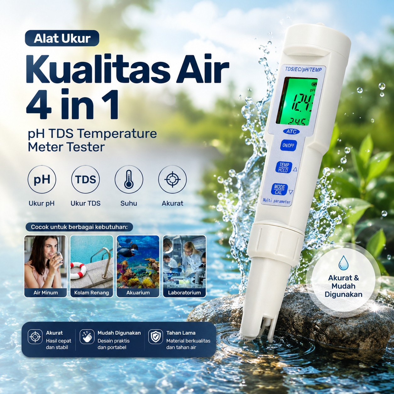 TaffHOME Alat Ukur Kualitas Air 4 in 1 pH TDS Temperature Meter Tester - KT-686 Gambar produk TaffHOME Alat Ukur Kualitas Air 4 in 1 pH TDS Temperature Meter Tester - KT-686 - Utama
