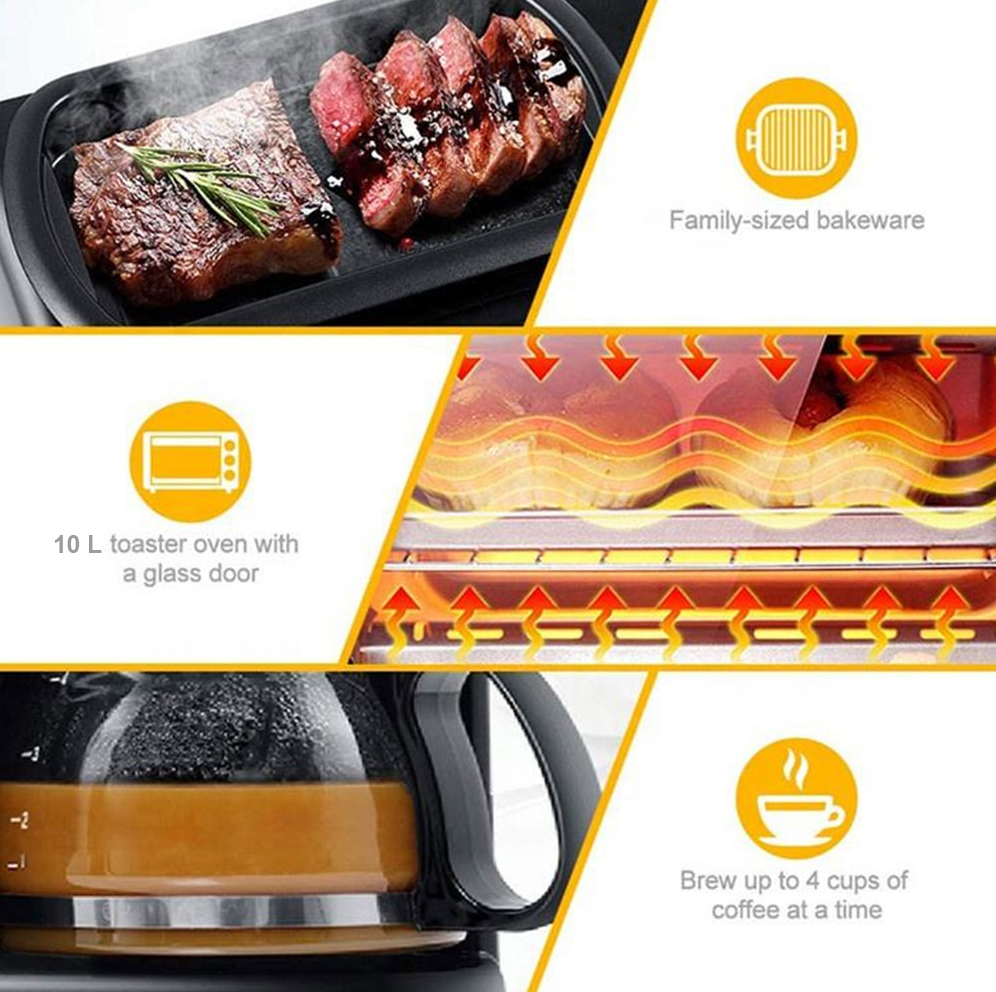 TaffHOME 3in1 Breakfast Maker Toaster Oven Listrik Mesin Kopi 1050W - JH-801 Gambar produk TaffHOME 3in1 Breakfast Maker Toaster Oven Listrik Mesin Kopi 1050W - JH-801 - 2