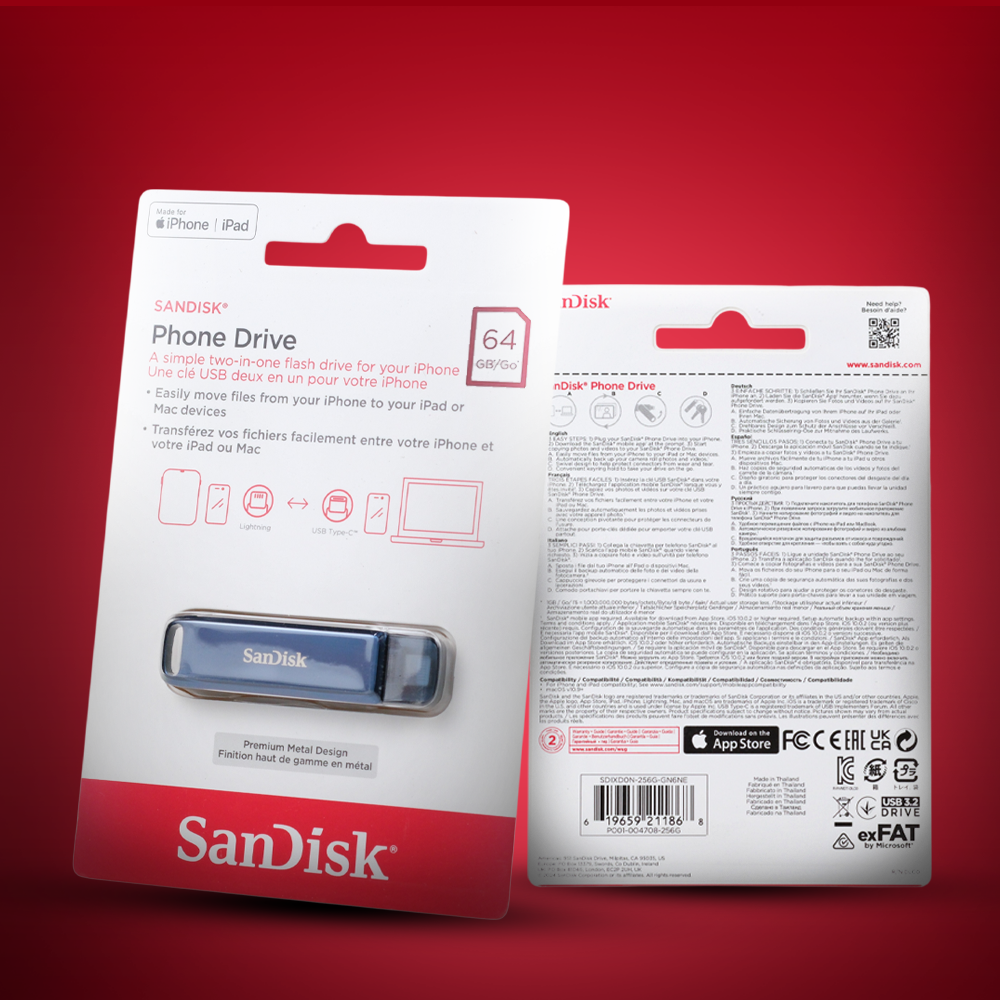 Gambar produk SanDisk Phone Drive USB Type-C Lightning 90MB/s 256GB - SDIXD0N - Kemasan