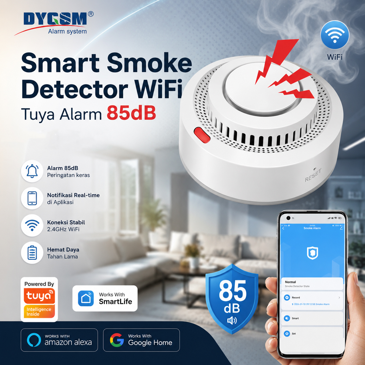 DYGSM Smart Smoke Detector Alat Pendeteksi Asap Tuya WiFi Alarm 85dB - D89 Gambar produk DYGSM Smart Smoke Detector Alat Pendeteksi Asap Tuya WiFi Alarm 85dB - D89 - Utama