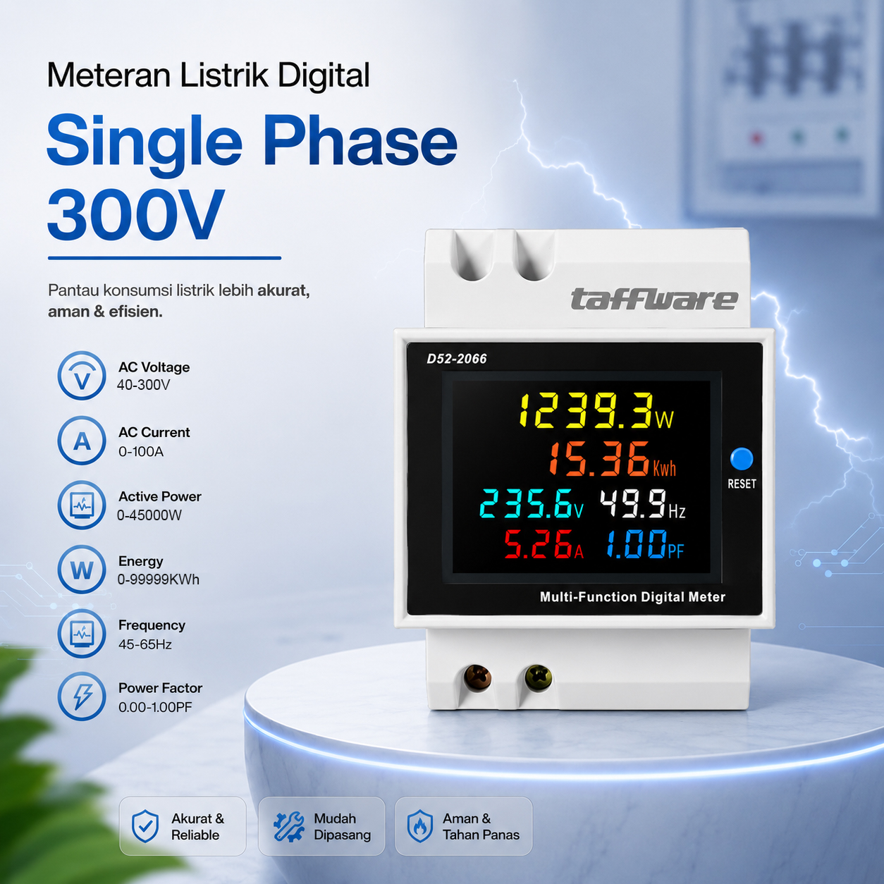 Taffware Meteran Listrik Digital Display Din Rail Single Phase 300V - D52-2066 Gambar produk Taffware Meteran Listrik Digital Display Din Rail Single Phase 300V - D52-2066 - Utama