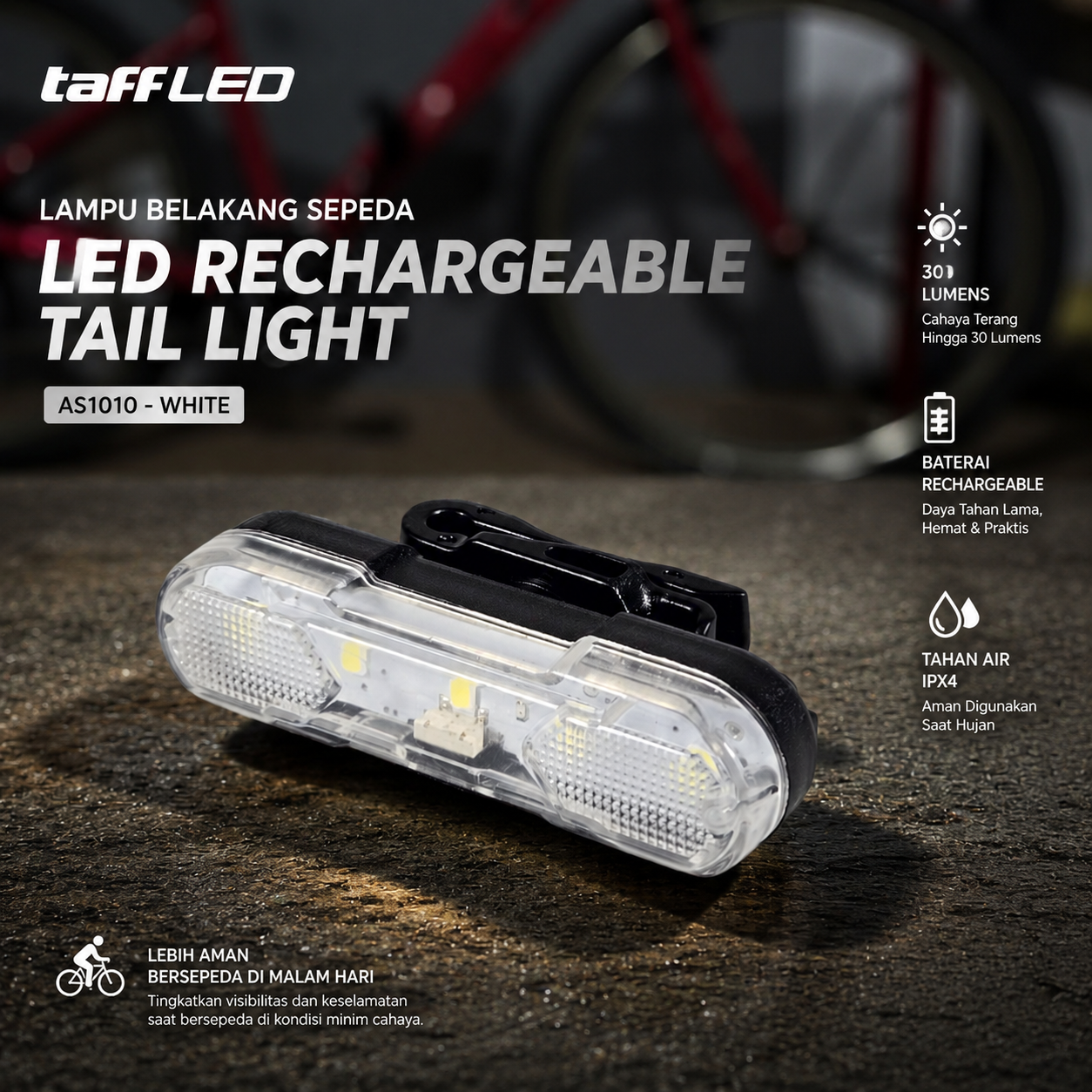 TaffLED Lampu Belakang Sepeda LED Rechargeable Tail Light 30 Lumens - AS1010 Gambar produk TaffLED Lampu Belakang Sepeda LED Rechargeable Tail Light 30 Lumens - AS1010 - Utama