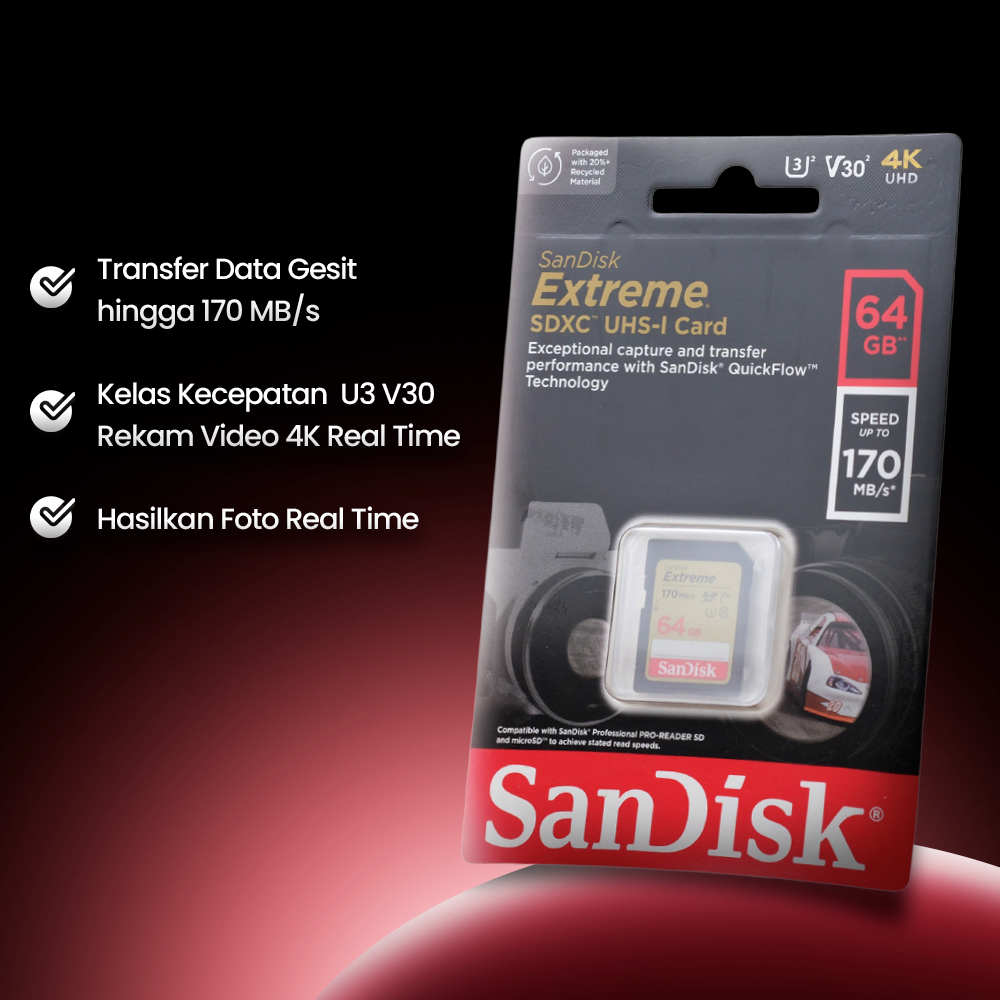 SanDisk Extreme SDXC UHS-I Card V30 U3 Class 64GB-SDSDXV2-064G - SDSDXV Gambar produk SanDisk Extreme SDXC UHS-I Card V30 U3 Class 64GB-SDSDXV2-064G - SDSDXV - 2
