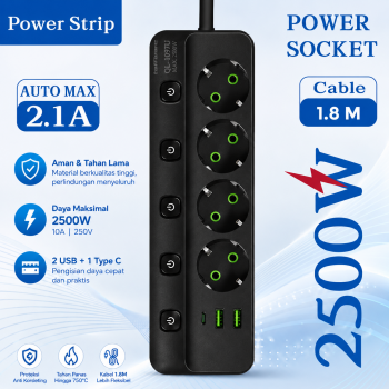 Taffware Stop Kontak Kabel USB Type C 10A 250V 2500W 1.8 M 4 Lubang - QL-1097U
