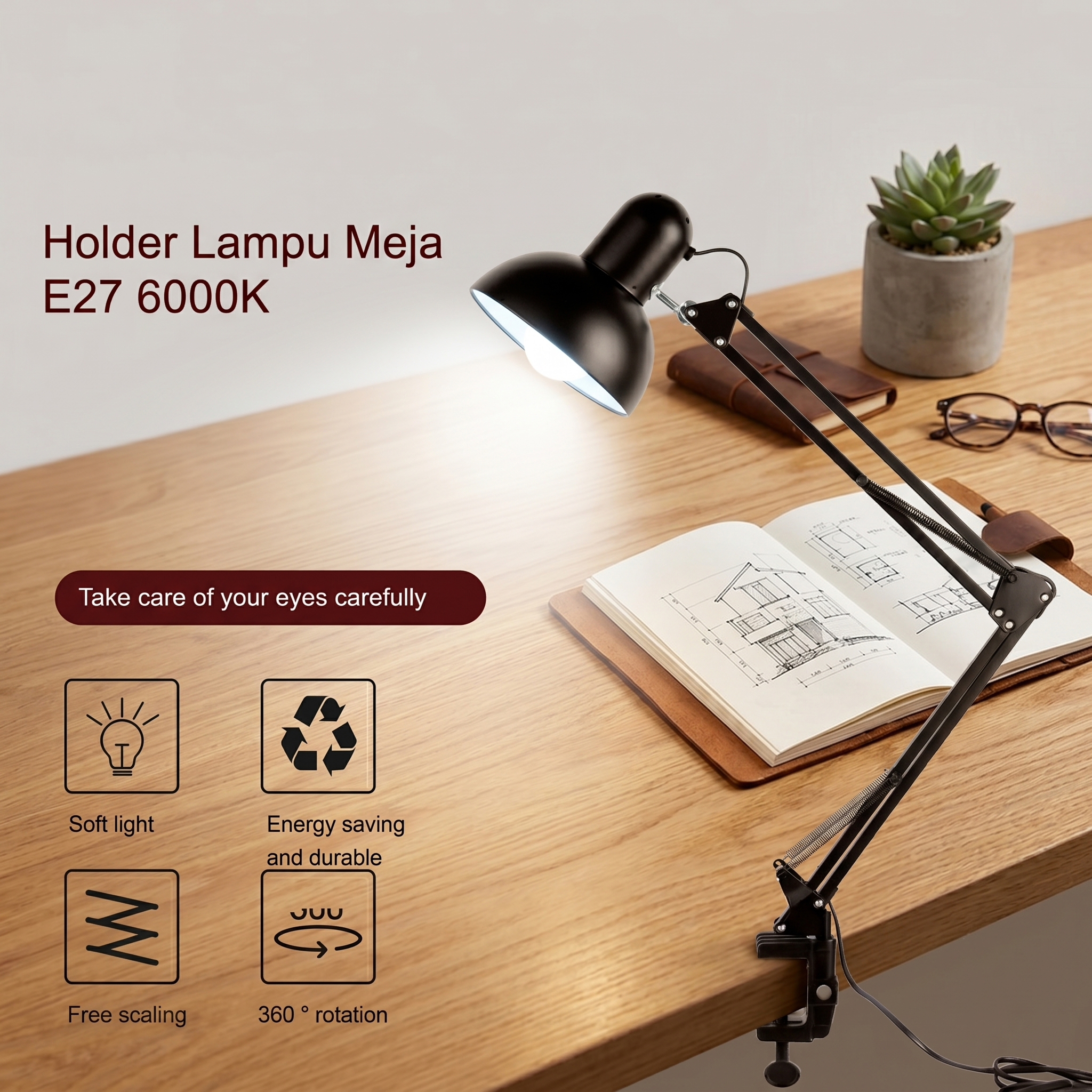 GOTP Holder Lampu Meja LED Adjust Clamp E27 Bohlam Cool White 6000K - GOT-27 Gambar produk GOTP Holder Lampu Meja LED Adjust Clamp E27 Bohlam Cool White 6000K - GOT-27 - Utama