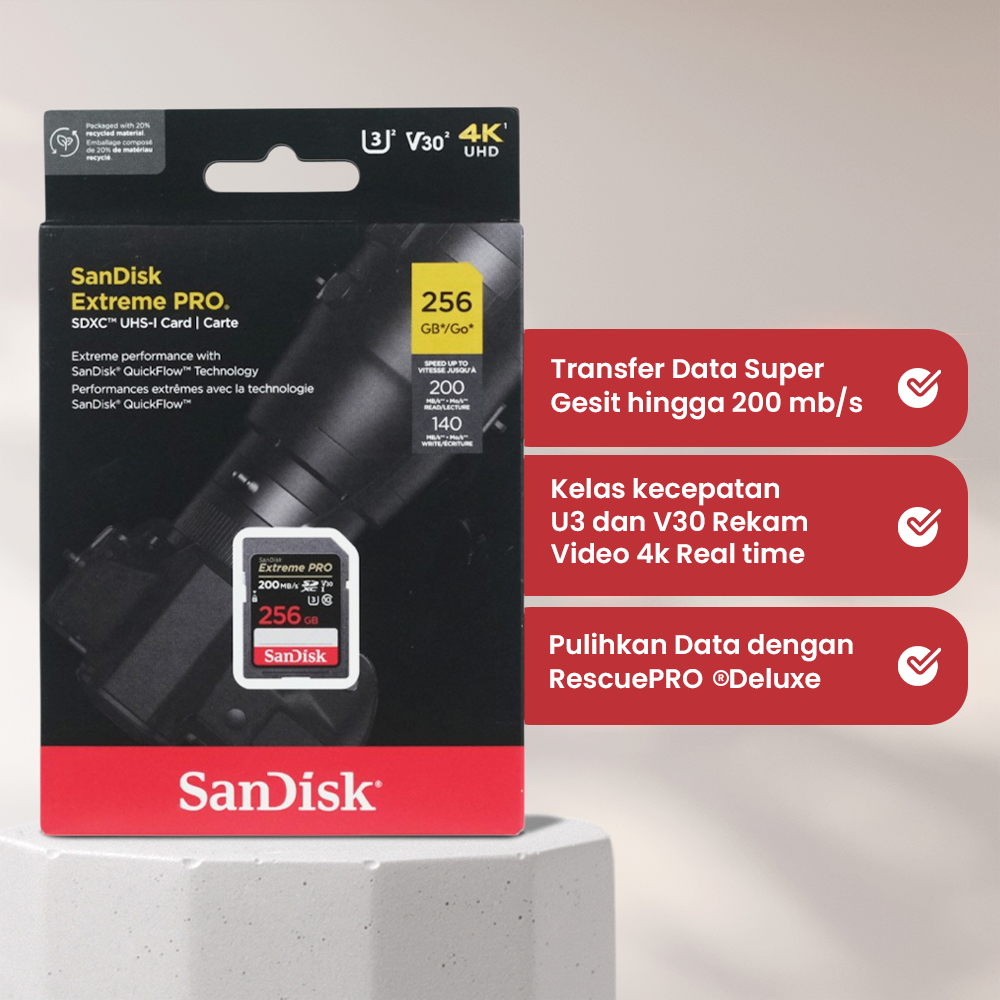 Gambar produk SanDisk Extreme PRO SDXC/HC UHS-I Card U3 V30 100MB/s 200MB/s 256GB-SDSDXXD-256G - 2