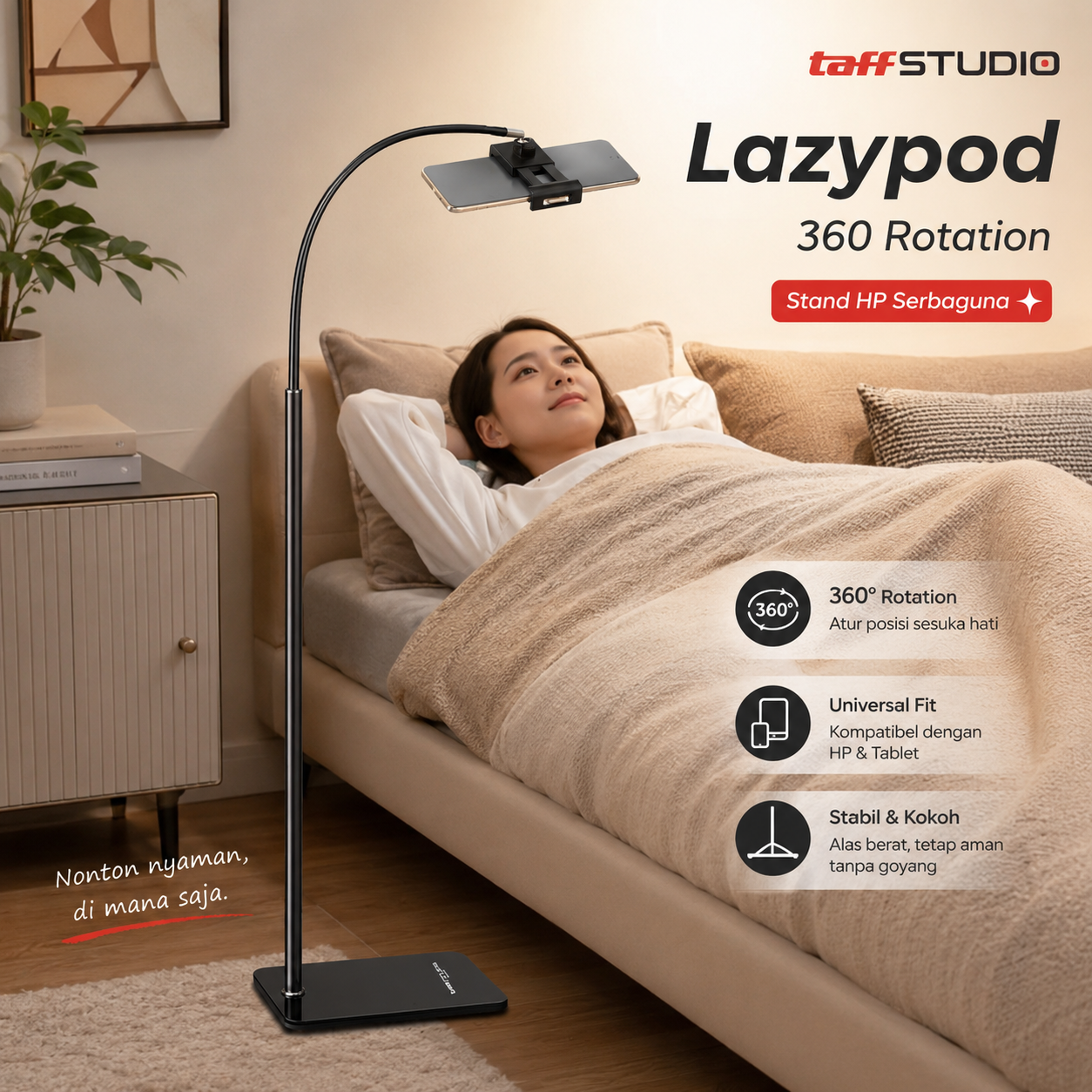 TaffSTUDIO Stand HP Lazypod 360 Rotation Adjustable Phone Holder - GH027 Gambar produk TaffSTUDIO Stand HP Lazypod 360 Rotation Adjustable Phone Holder - GH027 - Utama