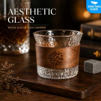 One Two Cups Gelas Kaca Aesthetic Kopi Teh Wood Sleeve Glass 130ml - Q13