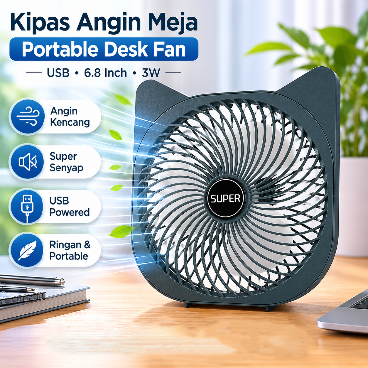 SUPER Kipas Angin Meja Portable Desk Fan USB 6.8 Inch 3W - M9 Gambar produk SUPER Kipas Angin Meja Portable Desk Fan USB 6.8 Inch 3W - M9 - Utama