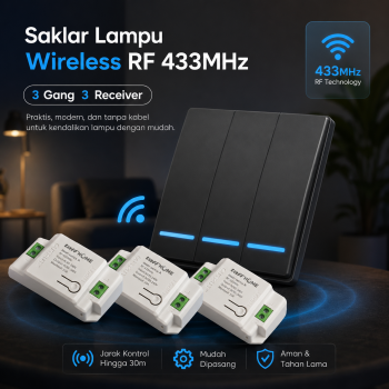 Gambar produk TaffHOME Saklar Lampu Wireless Dinding Tembok Lamp Switch RF 433MHz 3 Gang 3 Receiver - WHK01
