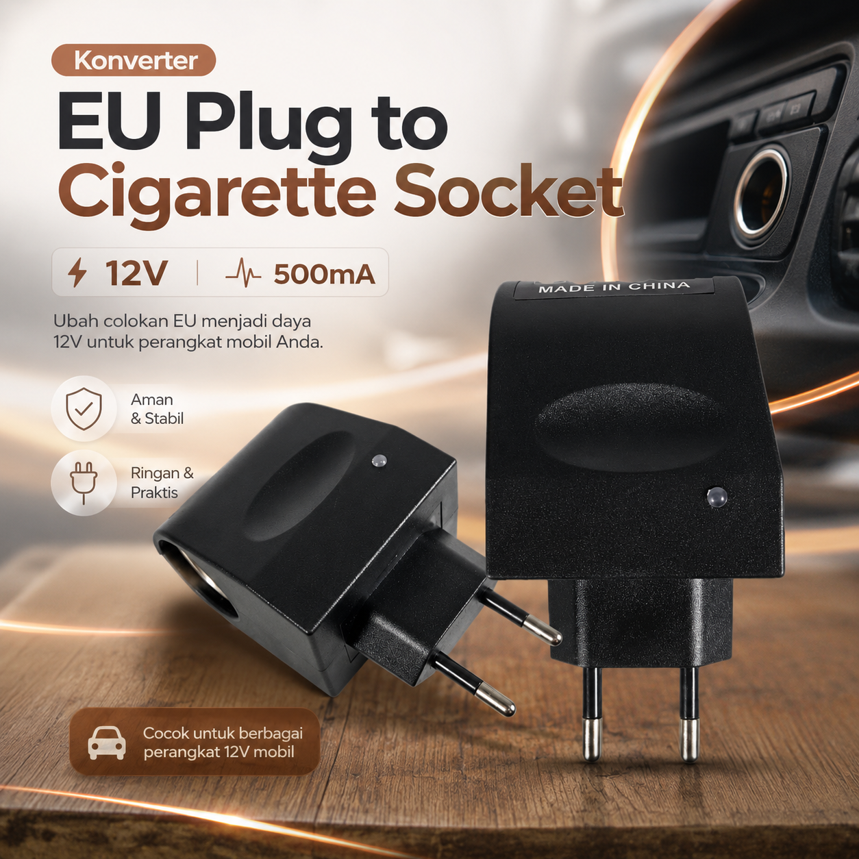 Konverter Car Charger Adaptor EU Plug to Cigarette Socket 12V 500mA - KYA109 Gambar produk Konverter Car Charger Adaptor EU Plug to Cigarette Socket 12V 500mA - KYA109 - Utama