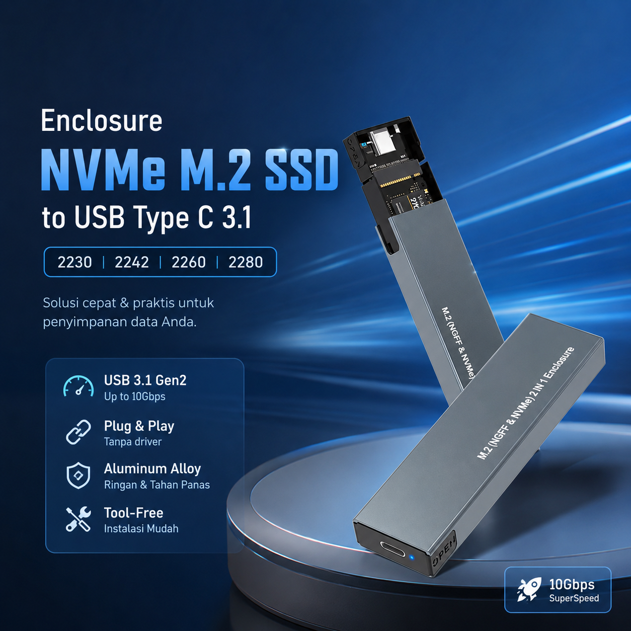 IRhasta Adapter Enclosure NVMe M.2 SSD to USB Type C 3.1 - HY2078 Gambar produk IRhasta Adapter Enclosure NVMe M.2 SSD to USB Type C 3.1 - HY2078 - Utama