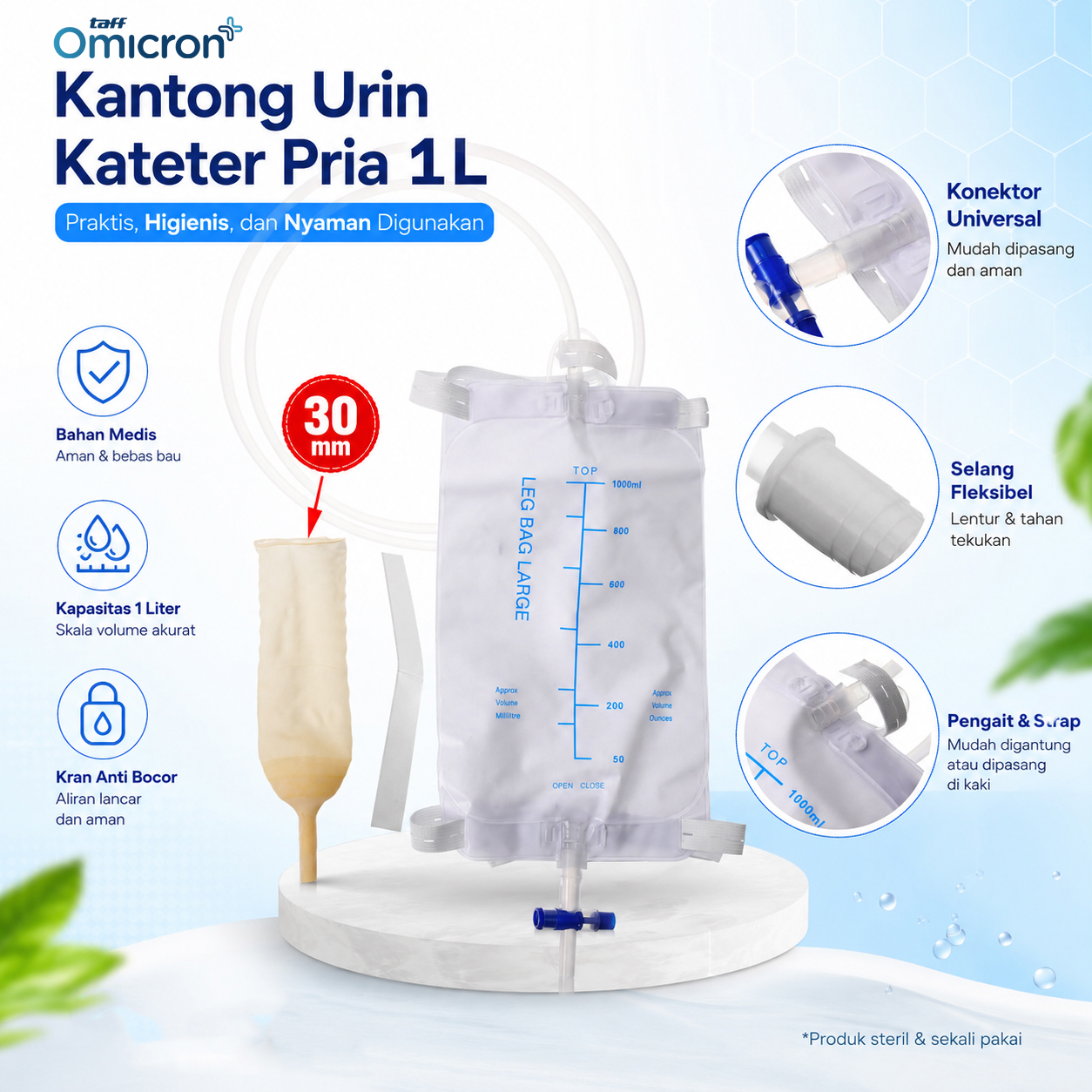 TaffOmicron Kantong Urin Kateter Pria Catheter Urinal Bag 1L - RN130 Gambar produk TaffOmicron Kantong Urin Kateter Pria Catheter Urinal Bag 1L - RN130 - Utama