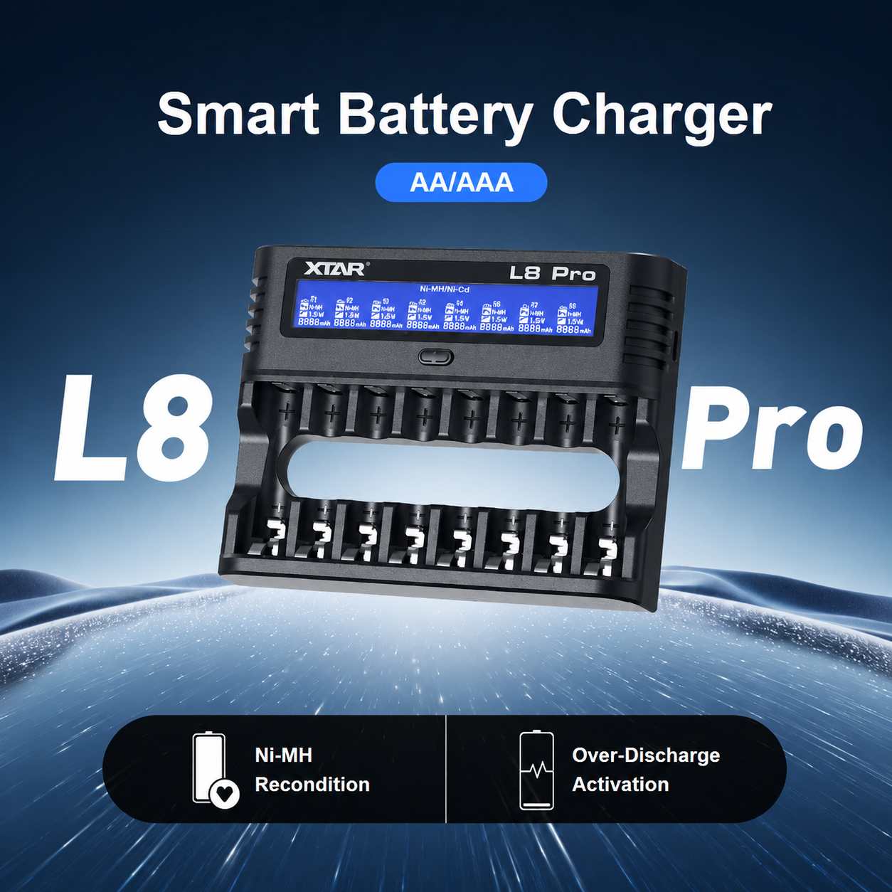 Gambar produk XTAR Charger Baterai 8 Slot AA AAA Li-Ion Ni-MH LCD Display USB Type C - L8 Pro - Utama