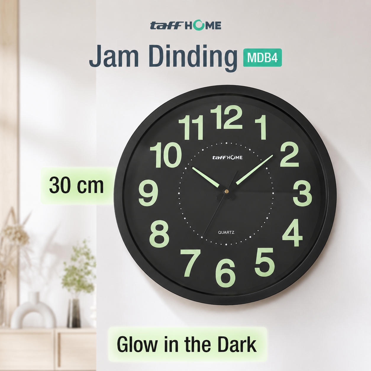 Gambar produk TaffHOME Jam Dinding Bulat Quartz Luminous Glow in The Dark 30cm MDB4 - Utama