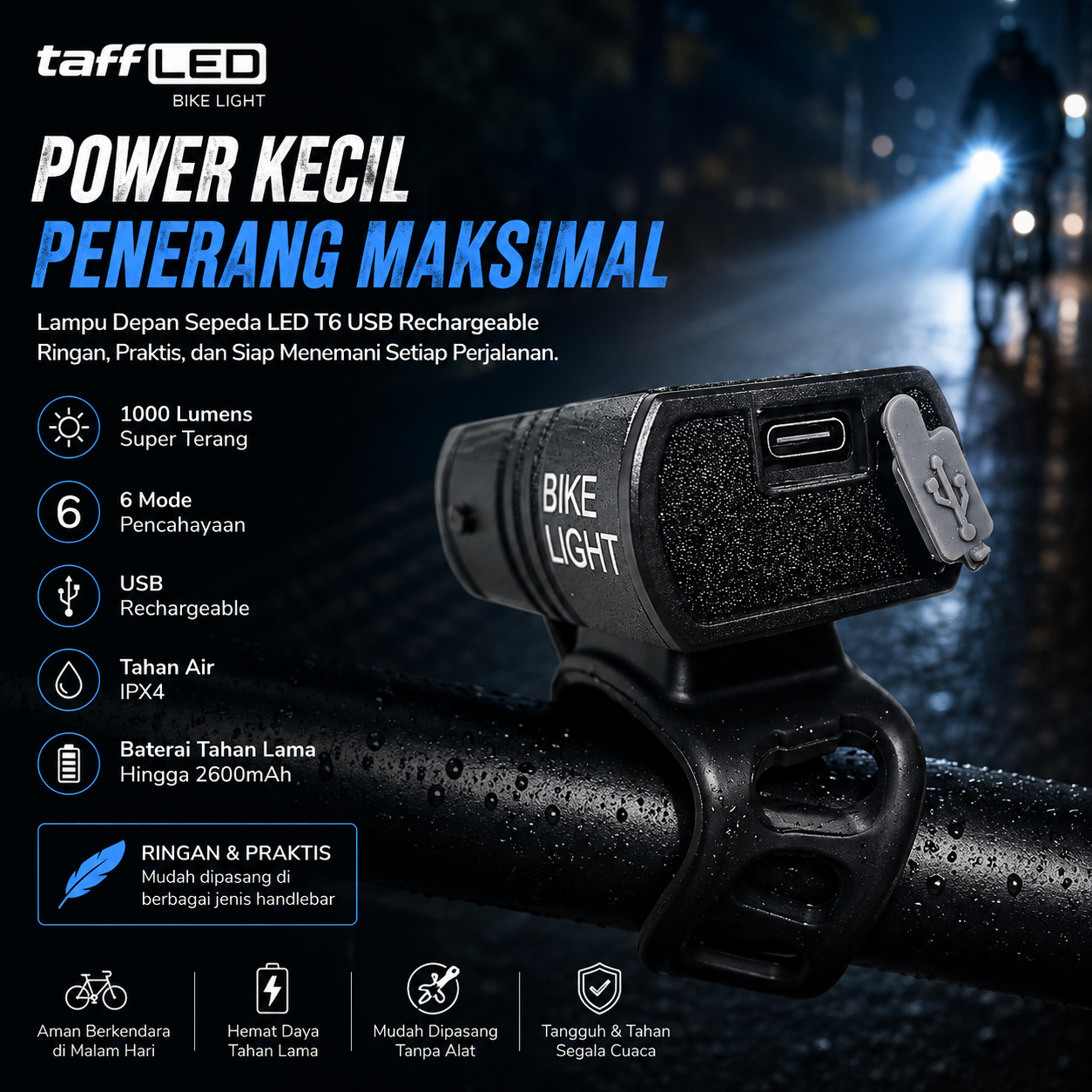 TaffLED Lampu Depan Sepeda LED Waterproof Rechargeable 1000 Lumens - BK60 Gambar produk TaffLED Lampu Depan Sepeda LED Waterproof Rechargeable 1000 Lumens - BK60 - 2