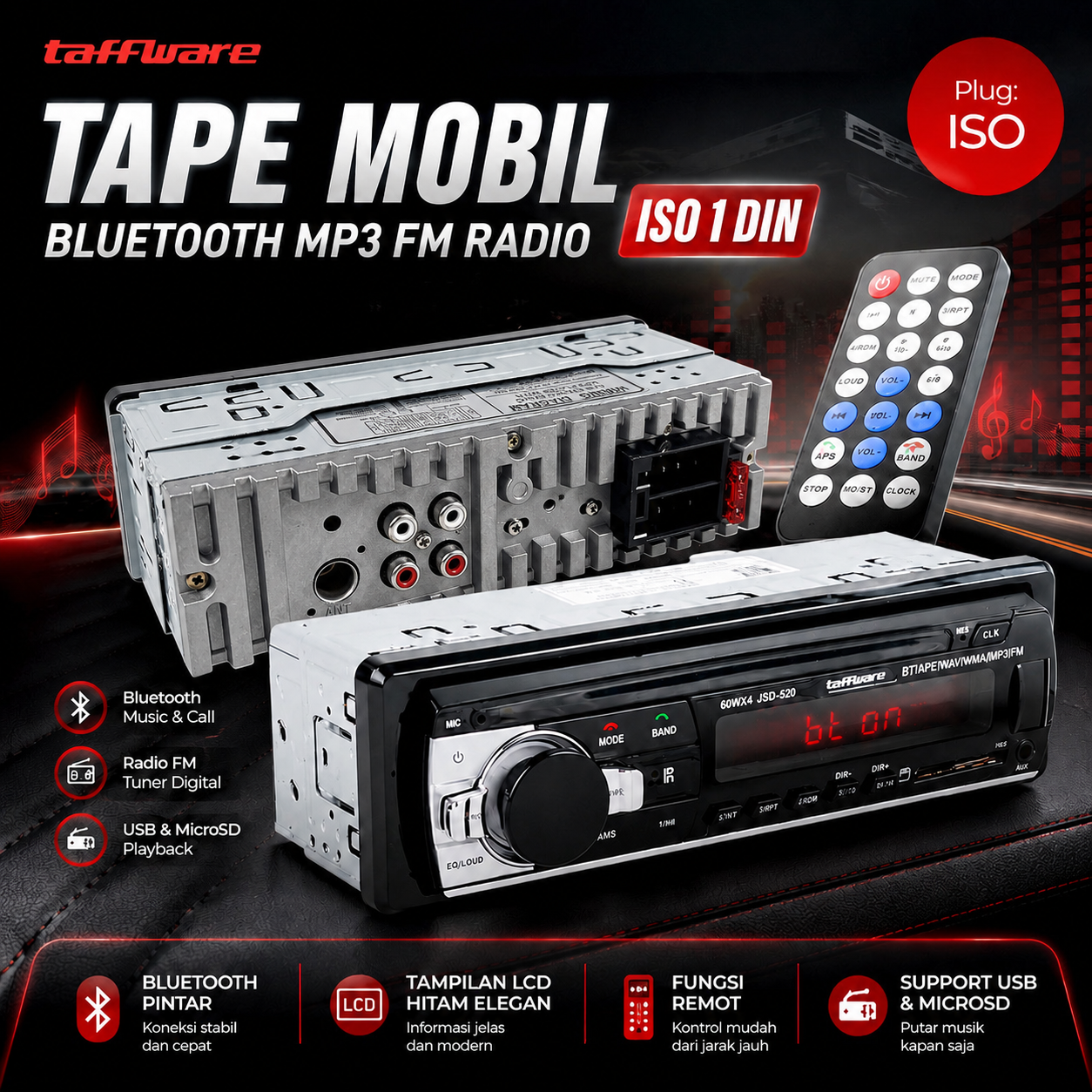 Gambar produk Taffware Tape Mobil Audio Multifungsi Bluetooth MP3 FM Radio ISO 1 DIN - JSD-520 - Utama