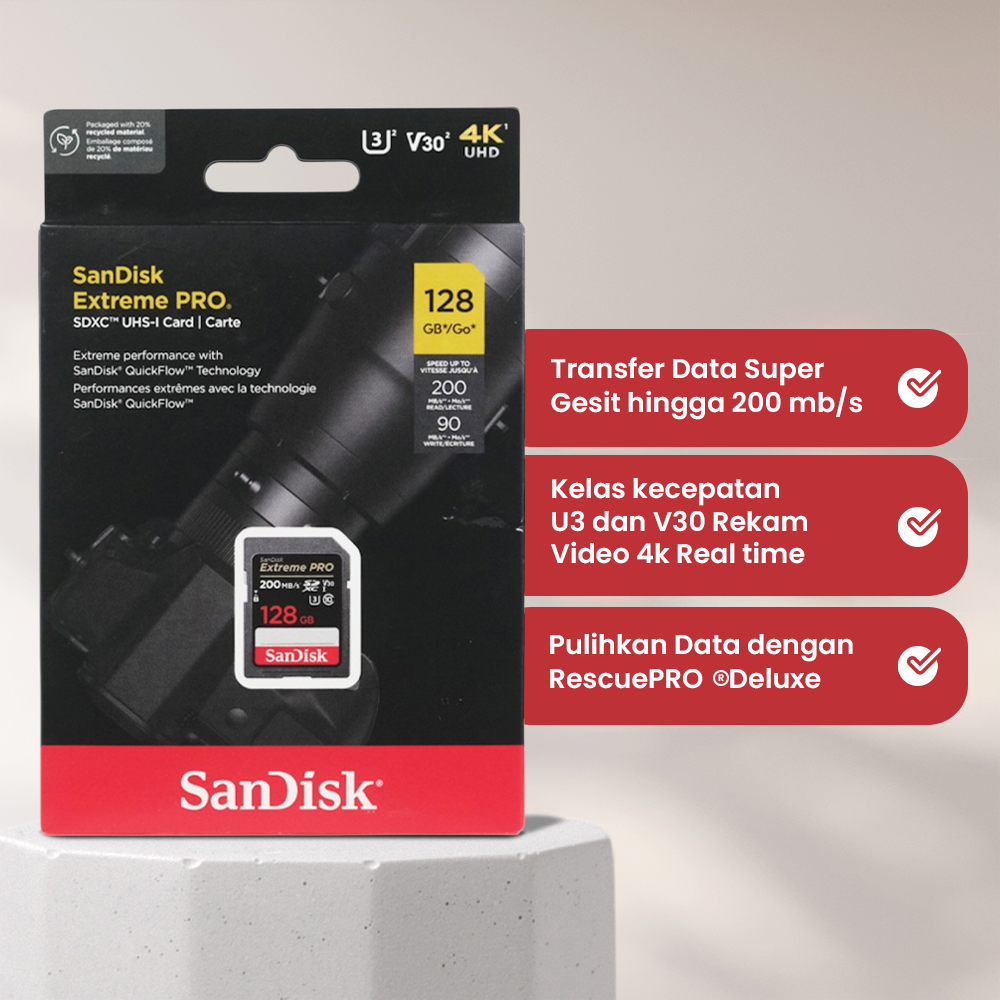 SanDisk Extreme PRO SDXC/HC UHS-I Card U3 V30 100MB/s 200MB/s 128GB-SDSDXXD-128G Gambar produk SanDisk Extreme PRO SDXC/HC UHS-I Card U3 V30 100MB/s 200MB/s 128GB-SDSDXXD-128G - 2