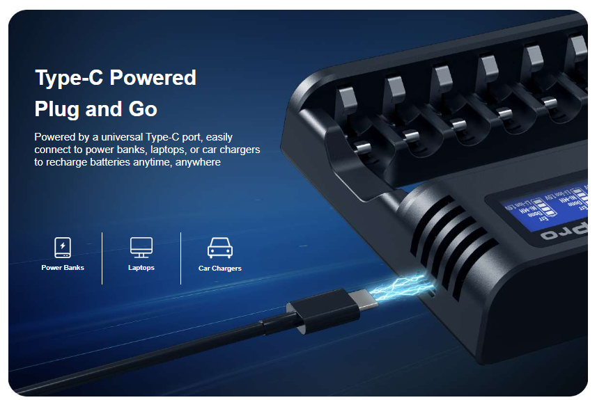 Gambar produk XTAR Charger Baterai 8 Slot AA AAA Li-Ion Ni-MH LCD Display USB Type C - L8 Pro - 2