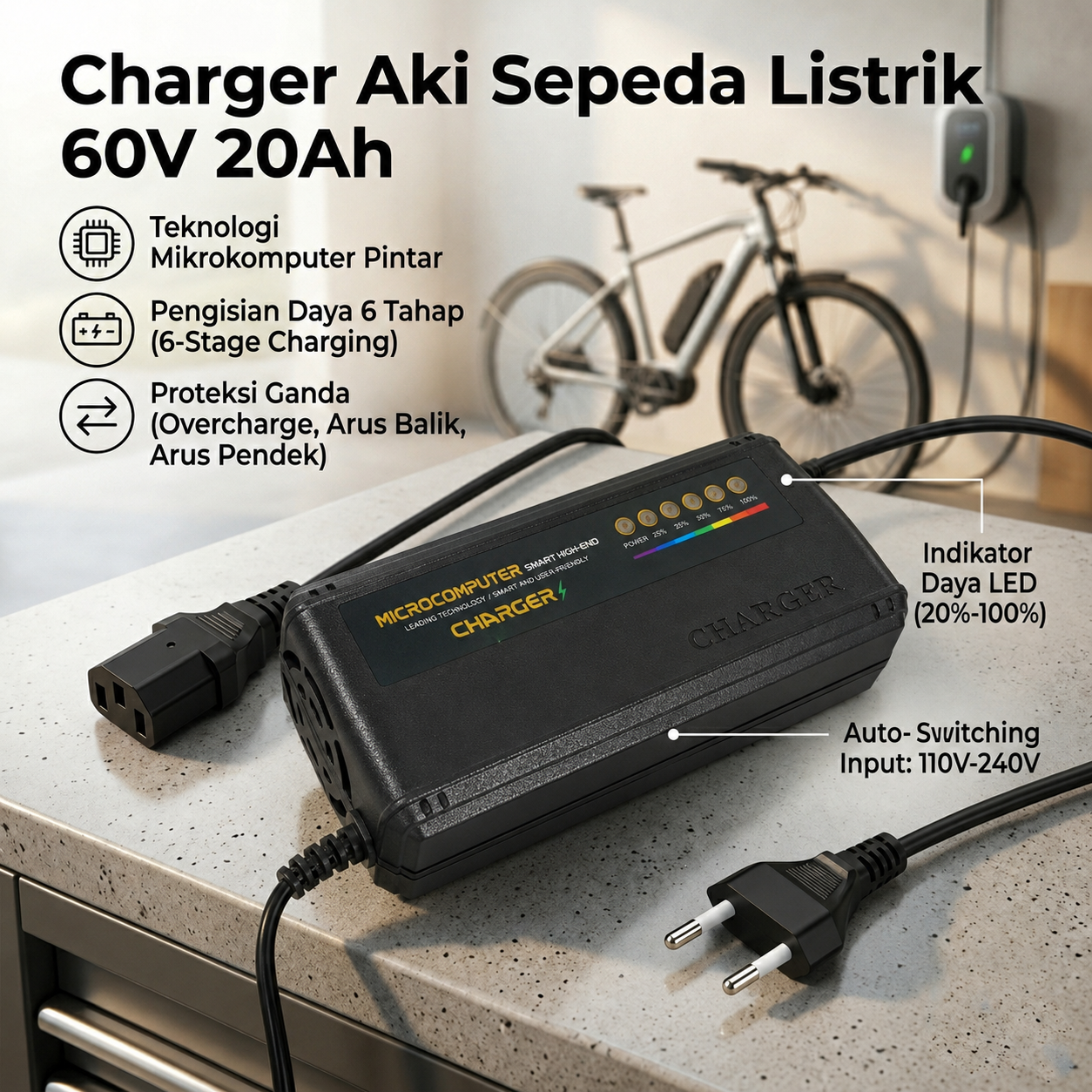 Gambar produk JHOPASS Charger Aki Sepeda Listrik Smart Battery Charger Portable 60V 20Ah - JH-20 - Utama