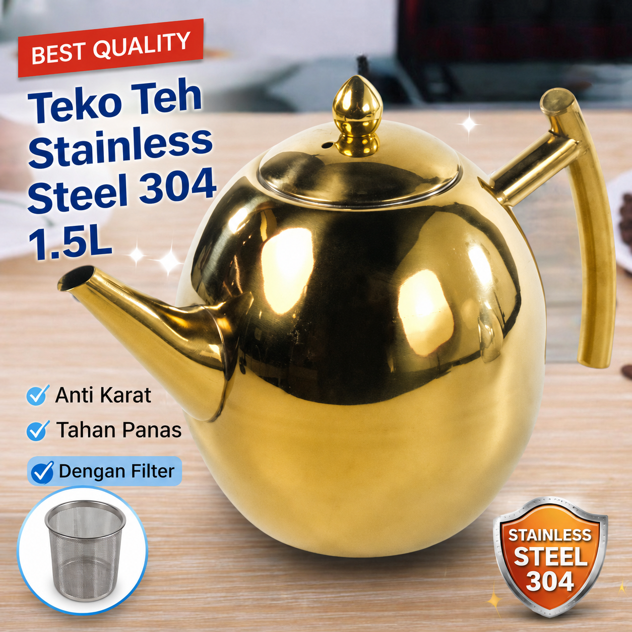 One Two Cups Teko Teh Stainless Steel Filter Water Kettle Teapot 1.5L - HS4050 Gambar produk One Two Cups Teko Teh Stainless Steel Filter Water Kettle Teapot 1.5L - HS4050 - Utama