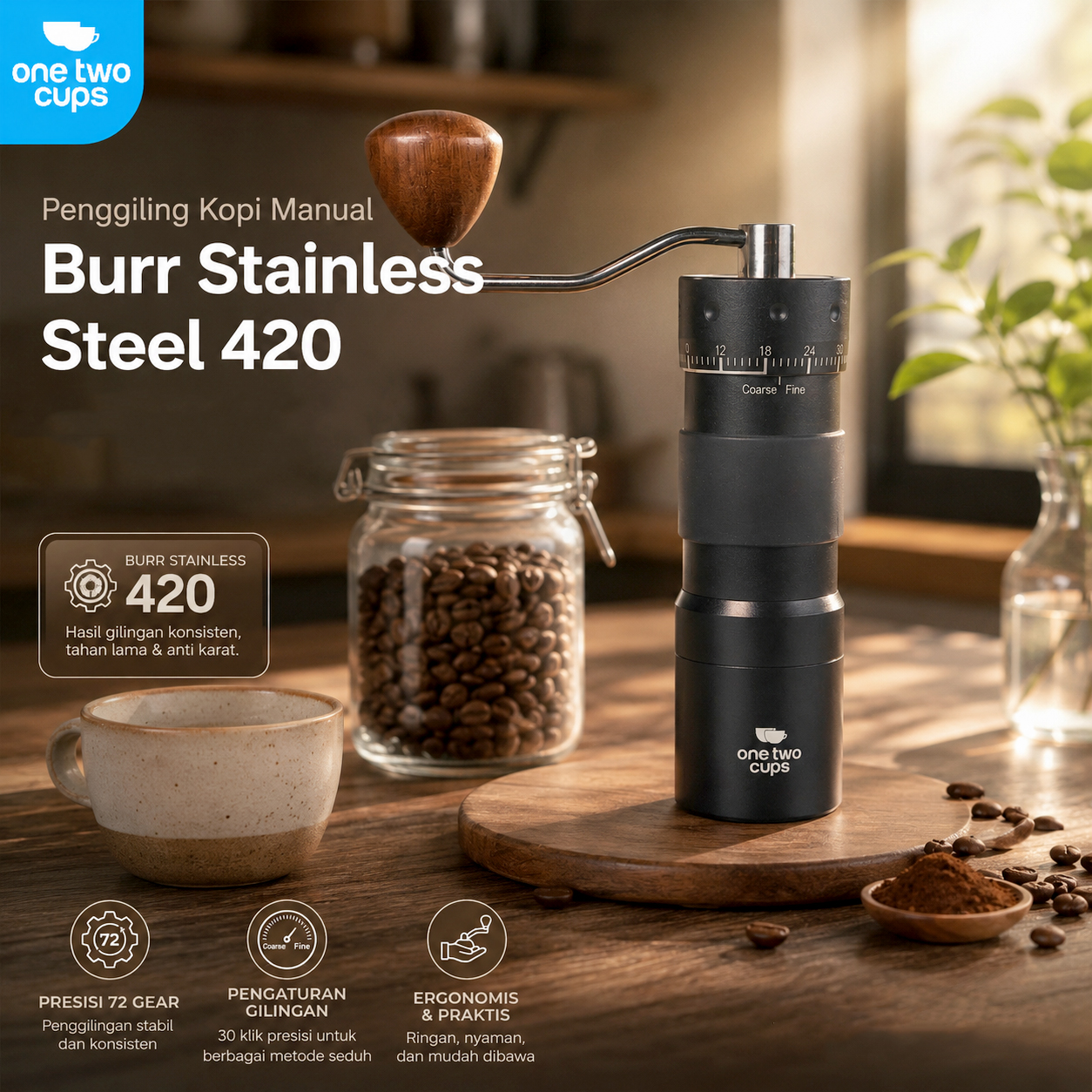 Gambar produk One Two Cups Alat Penggiling Kopi Manual Grinder Stainless Core 72Gear - R50 - Utama