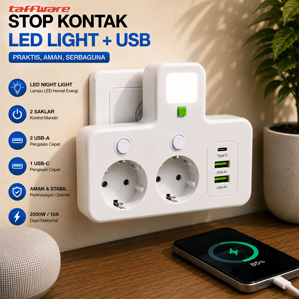 Taffware Stop Kontak LED Light USB Type C EU Plug 10A 250V 2500W 2 Soket - EU-8624UL / EU-8625UL Gambar produk Taffware Stop Kontak LED Light USB Type C EU Plug 10A 250V 2500W 2 Soket - EU-8624UL / EU-8625UL - Utama