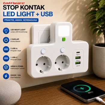 Taffware Stop Kontak LED Light USB Type C EU Plug 10A 250V 2500W - EU-8624UL / EU-8625UL
