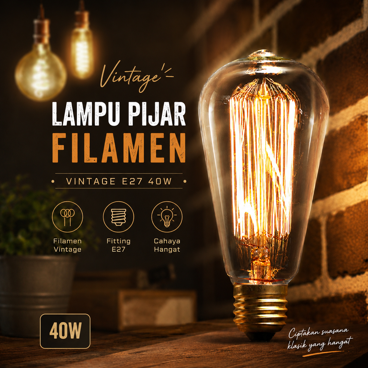 Gambar produk YNL Lampu Pijar Filamen Vintage Bohlam Edison E27 40W - ST64 - Utama