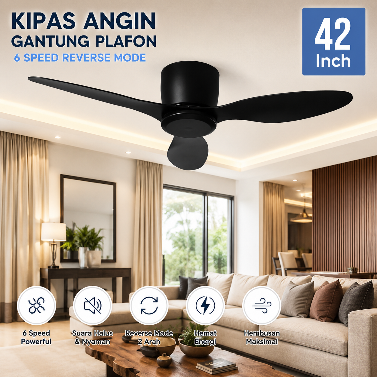 SOVE Kipas Angin Gantung Plafon Ceiling Fan 6 Speed Reverse Mode 42 Inch - VE54 Gambar produk SOVE Kipas Angin Gantung Plafon Ceiling Fan 6 Speed Reverse Mode 42 Inch - VE54 - Utama