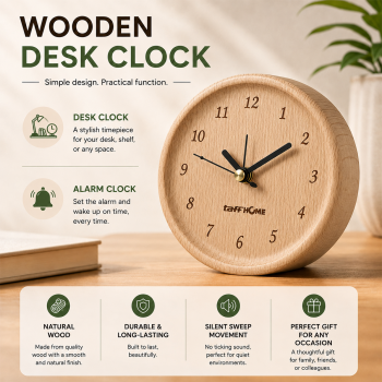 TaffHOME Jam Meja Kayu Bulat Alarm Analog Desk Clock Round Shape - TX605